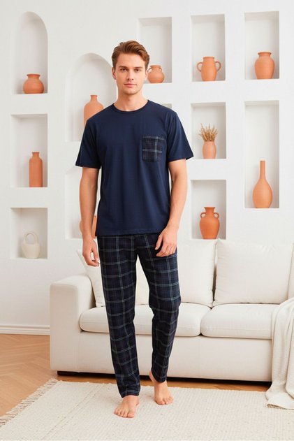 Short Sleeved Men's Pajama Set with Pocket Details - Navy Blue