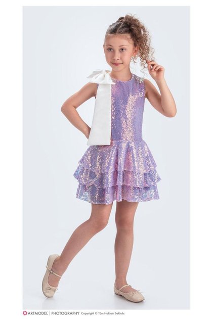 Girl's Glittery Bow Party Outfit Birthday and Performance Costume Dress