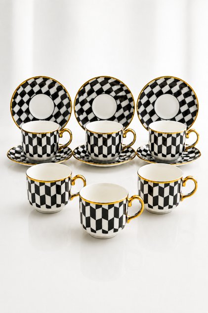 Black and White Geometric Patterned 6-Piece Turkish Coffee Cup Set
