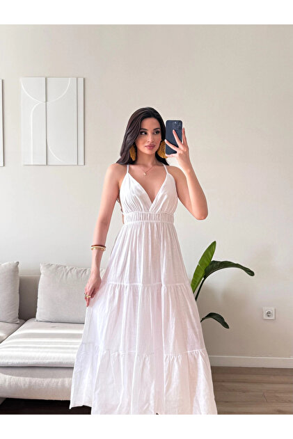 Zoom Butik Sırt Çapraz Askılı Elbise - BEYAZ - Fiyatı, Yorumları