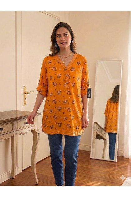Women's Italian Orange Sequin Buttoned Placketed Collar Crisp Rose Pattern 3/4 Sleeve Blouse Tunic