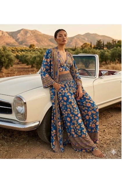 Set kimono, bustieră și pantaloni din mătase