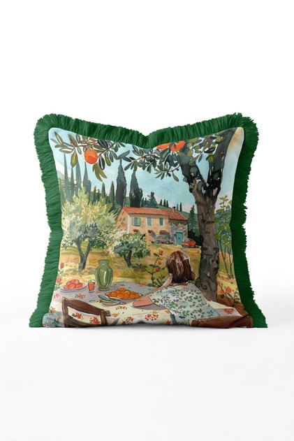 Italian Countryside Picnic Illustrated Fringed Throw Pillow Cover - Vintage Summer Pillowcase with Green Tassels