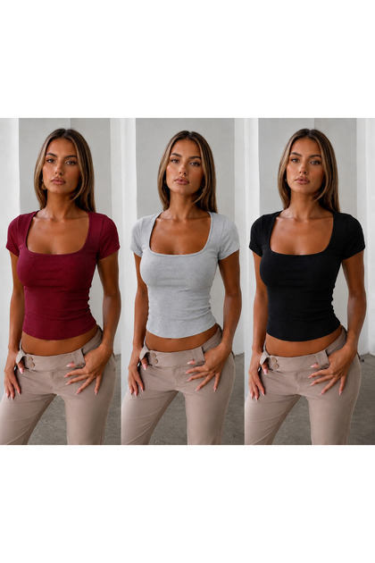 3-teiliges T-Shirt aus Baumwolle mit weicher Textur, geripptem Camisole-Oberteil, kurzen Ärmeln und quadratischem Kragen
