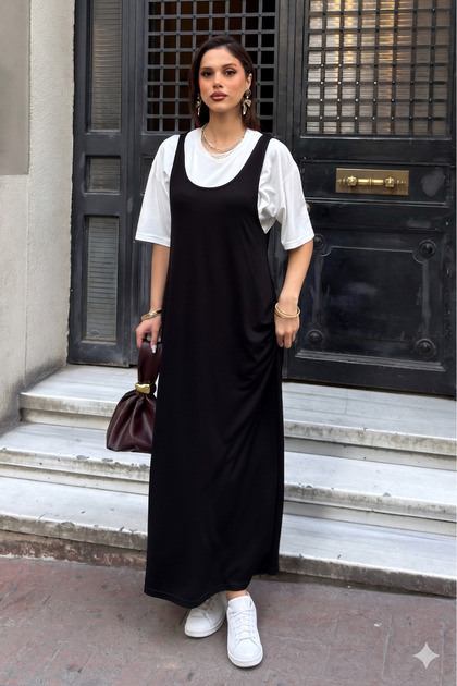 Women's T-Shirt Detailed Modal Textured Double Piece Dress