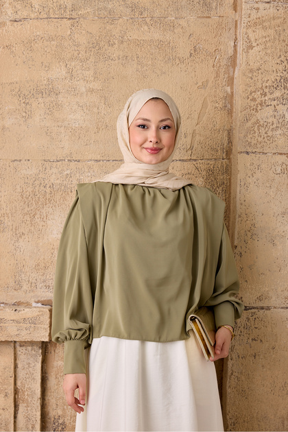Women's Shoulder Pleated Detail Blouse Green