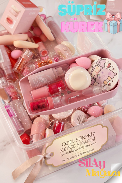 Sürpriz Kürek Makeup Seti Kawai- Gloss, Jelly Gloss, Sıvı Allık, Highlighter Stick ve Sünger Seti