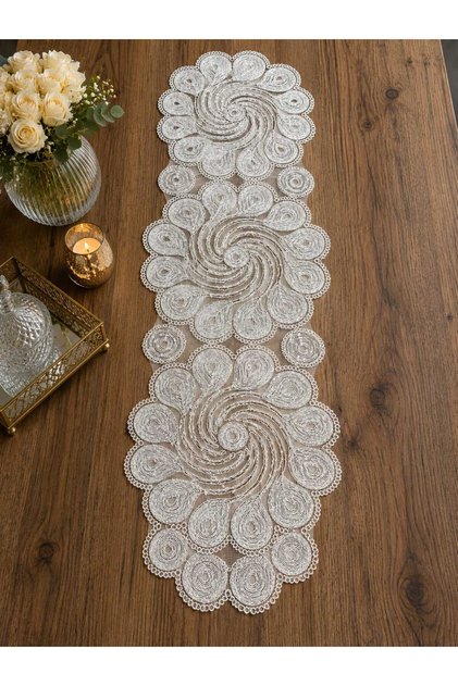 Silver Glitter Lace Runner/Table-Console Cover 35X105 cm