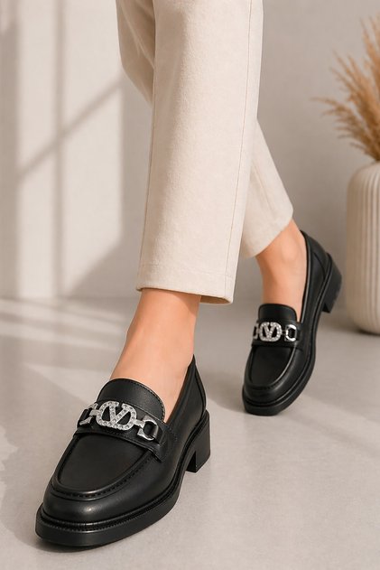 Çnr H45 Women's Black Leather Buckle Casual Shoes