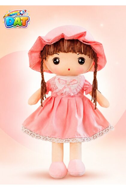 Soft Plush Girl Doll with Lace Ruffle Hat & Braided Hair – Stuffed Toy in Pink, Purple & Mint Green