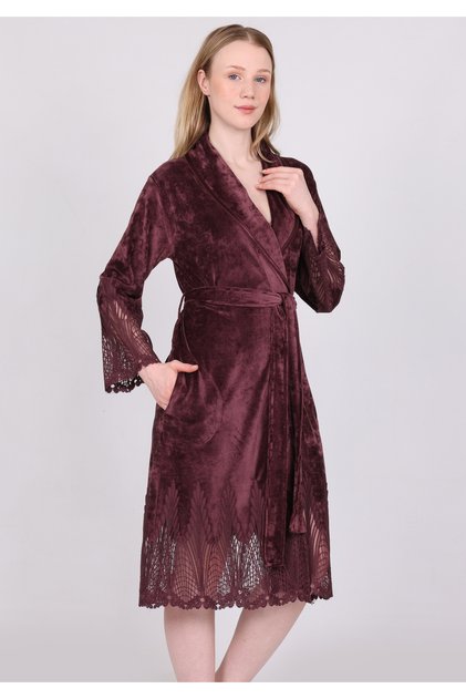 Women's Short Shawl Collar Lace Niki Velvet Bamboo Cotton Dressing Gown