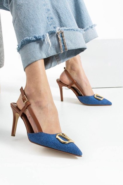 Navy Blue Code Look Gold Buckle Stiletto 9cm Heel