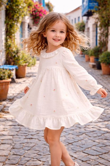 Girl's Dress with Floral Print and Ruffle Details, Made of 100% Cotton Muslin Fabric with an Embroidery-Like Appearance.