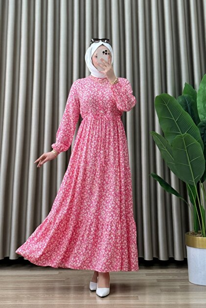 AYLA ELBİSE Viskon Kumaş Kadın Pembe Çiçek Desenli Yaka Açılabilir Düğmeli Beli Bağcıklı Tesettür Elbise
