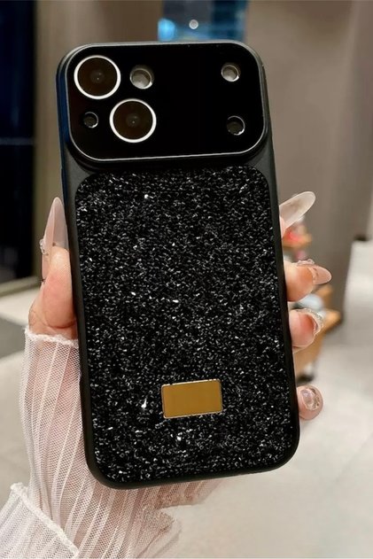 iPhone 13/14 Compatible Black Luxury Stone Glitter Premium Phone Case with Camera Protection