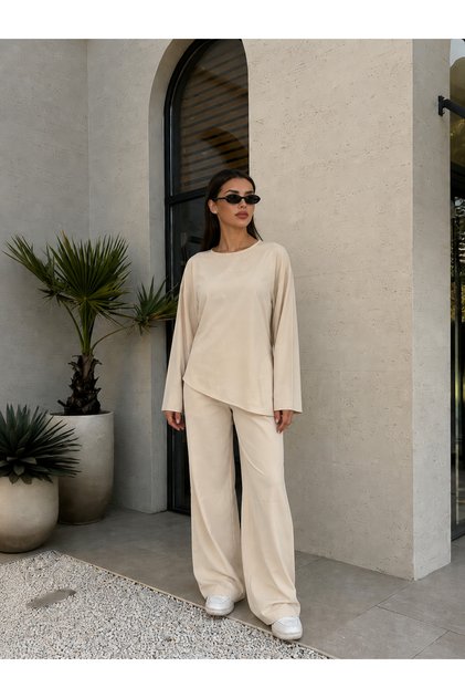 Beige Asymmetrical Cut Top and Bottom Set Zs001