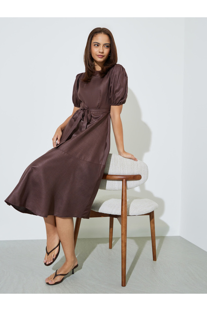 Brown A-Line Midi Dress with Puff Sleeves
