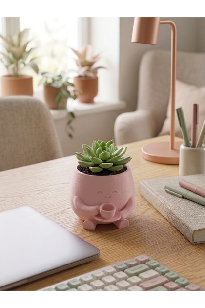 Kahve İçen Sevimli Figürlü Mini Sukulent ve Kaktüs Saksısı 8x6 cm Masaüstü Ofis Dekorasyonu