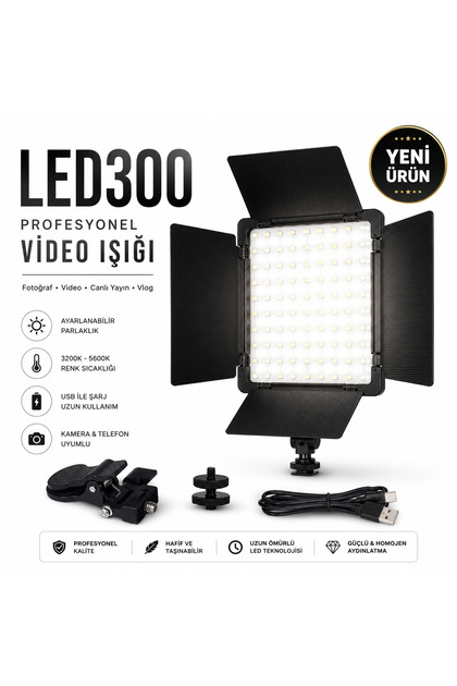 LED300 Profesyonel Video Işığı Fotoğraf ve Video Çekim LED Paneli Ayarlanabilir Parlaklık Telefon Kamera Uyumlu Canlı Yayın Vlog Aydınlatma Lambası