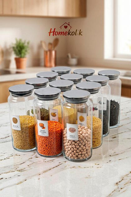 12-Piece Set of Glass Storage Containers with Labeled Metal Lids and Vacuum Lids, 1300 ml Legume Jar, Food Storage Container