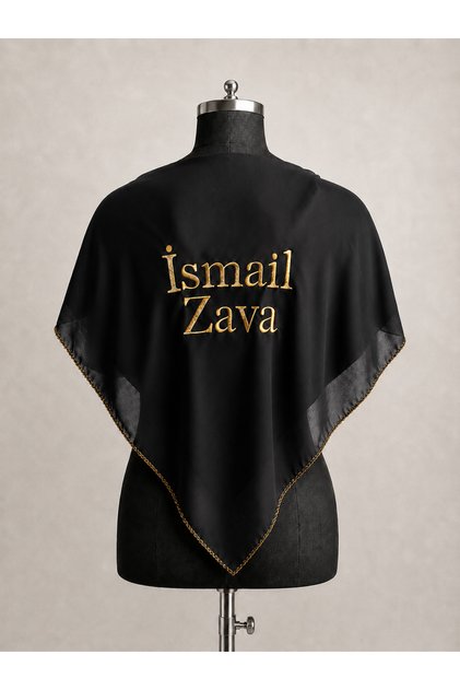 Nakışlı İsimli Siyah Şifon Damat Zava Örtüsü Omuz Şalı Gold Nakışlı (Eldivensiz)