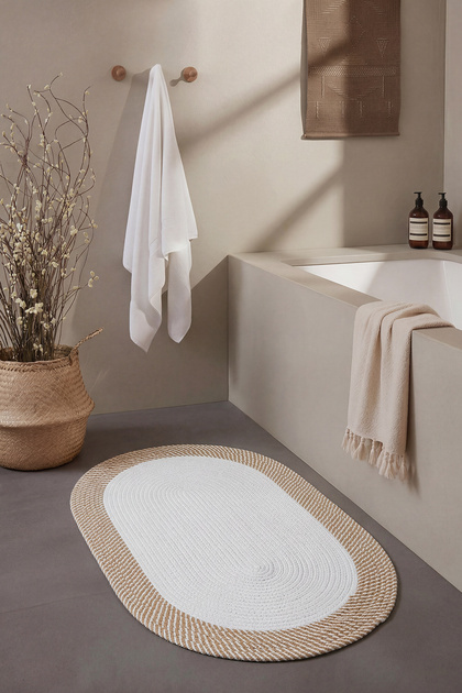 Luke White Oval Single Bathroom Mat Hand-Woven Knitted Mat for in Front of Sink, in Front of Door, in Front of Toilet, in Front of Entrance