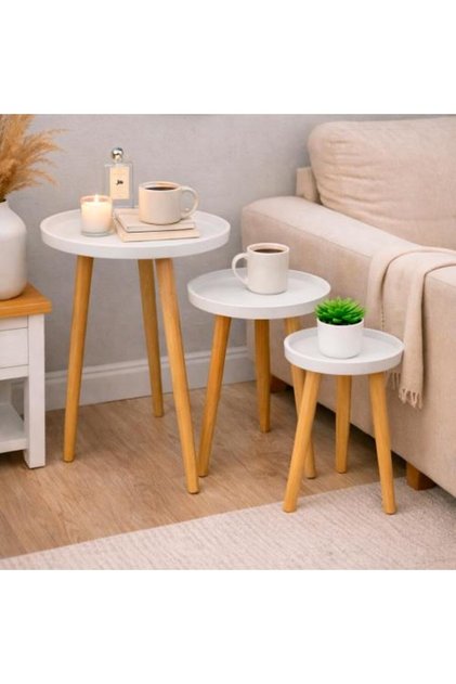 Set of three round nesting side tables with modern design and wooden legs