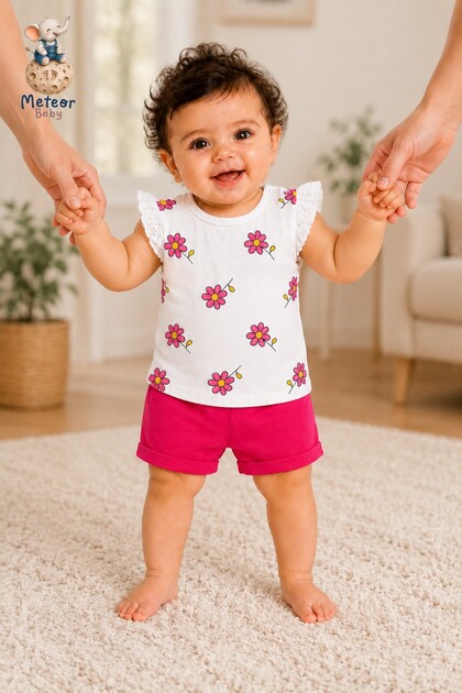Baby Girl Set - Floral Patterned Ruffle Sleeve Shorts Summer Set