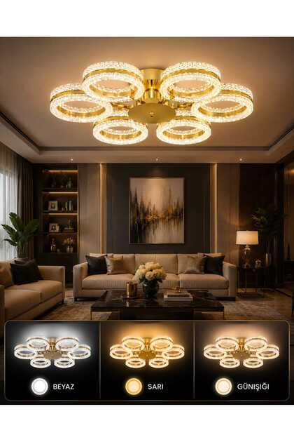 ALYA 6LI GOLD AVİZE 3 RENK LED ISIKLI SALON AVİZE OTURMA ODASI AVİZE