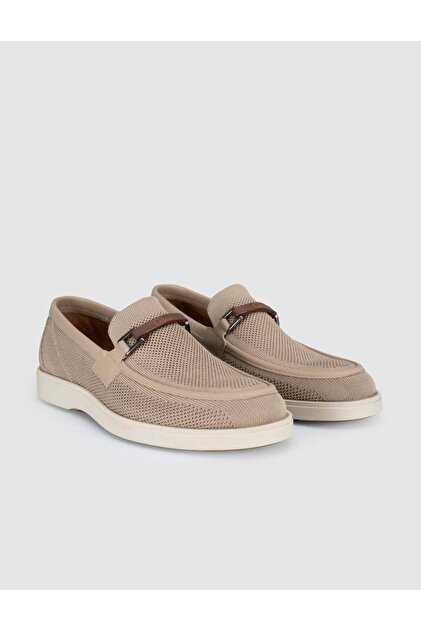 Beige Genuine Leather Knitwear Men's Loafer Shoes