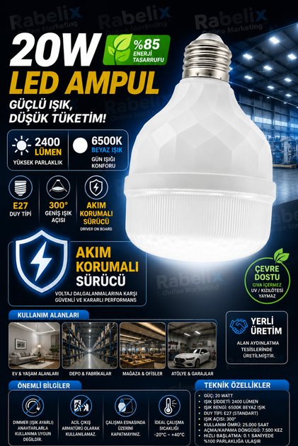 20W 2400 Lümen E27 Beyaz Torch LED Ampul Akım Korumalı Driver On Board Enerji Tasarruflu 6500K