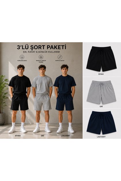 3-Piece Shorts Set Black Gray Navy Blue Elastic Waist Daily Use