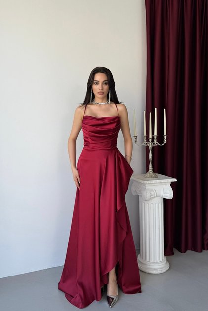 Dark Red Thin Straps Flounce Slit Satin Evening Dress