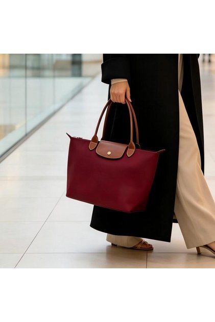 Women Large Capacity Foldable Nylon Tote Bag, Soft Leather Trim Casual Shoulder Handbag for Office & Outdoor Dimensions: 31 cm × 30 cm × 19 cm