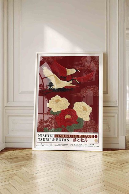 Swallow Bird Peony Flower Painting Red – Nishiki Embroidery Art Poster – White Framed