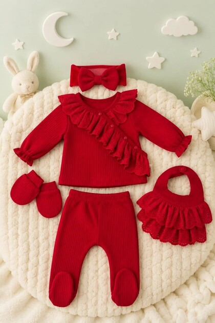 100% Cotton 5-Piece Baby Girl Hospital Outfit Red