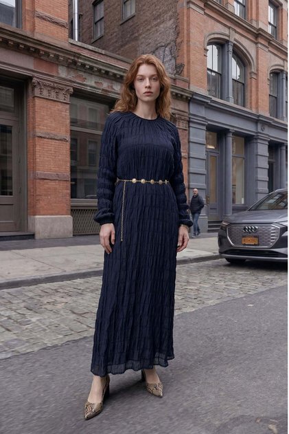 Fine tencel fabric long dress with drawstring textured belt detail