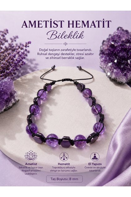 Sertifikalı Ametist - Hematit Bileklik ( 8 MM makrome kapama )