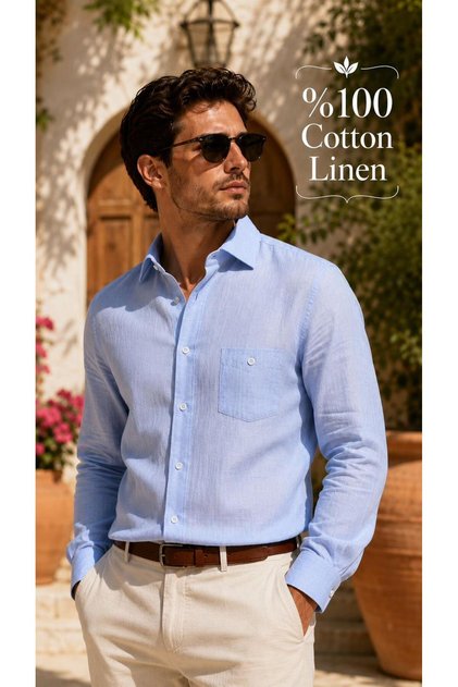 Men's Classic Wide Cut Cotton Linen Plain Long Sleeve Shirt