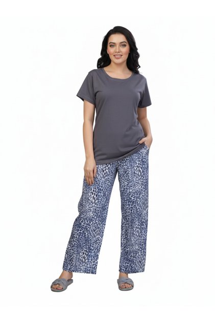Grey Leopard Print | Rayon Cotton T-Shirt Pajamas Set | Loungewear Nightwear