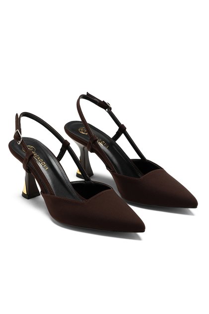Women's Thin Heeled Satin Evening Dress Shoes with Gold Heel Detail High Heeled Shoes