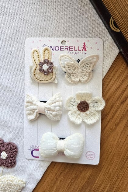 5-Piece Special Series Rabbit, Butterfly, Floral Knitted Bow Hairless Baby Hairpin Newborn Snap Hairpin Set