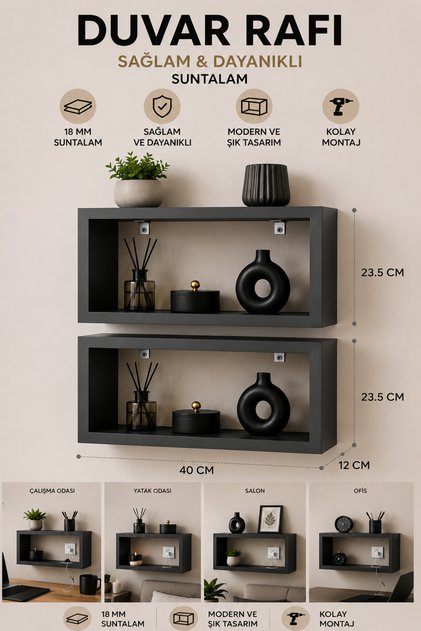 Modern 2li Duvar Rafı Dekoratif Açık Kutu Raf