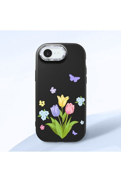 iPhone 16E Compatible Case with Camera Protector Black Silicone Couple Phone Case with Floral Pattern