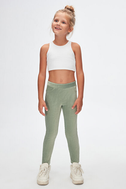 Çağla Green Corduroy Girls' Leggings with Pockets