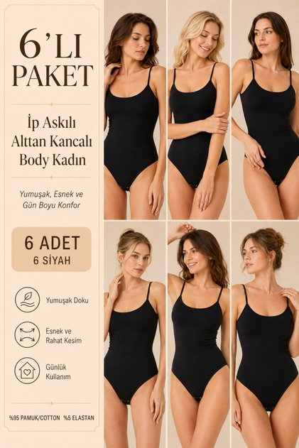 Women's 95% Cotton Thin Straps with Hooks at the Bottom, 6-Piece Basic Body Undershirts – Flexible & Comfortable for Daily Use