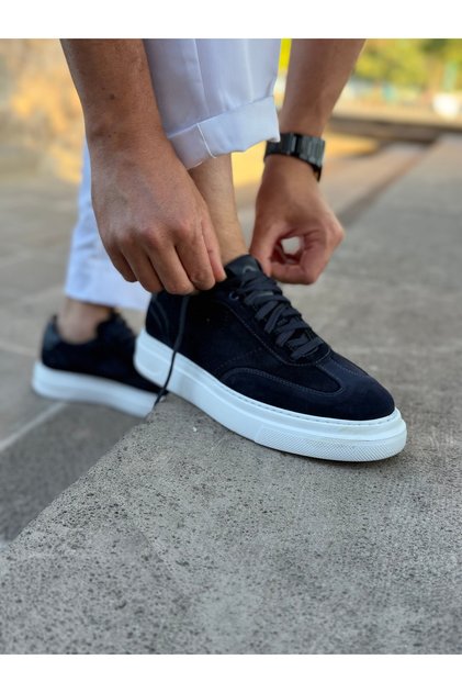 Erkek Hakiki Süet Deri Lacivert Kalın Taban Günlük Sneaker Ayakkabı