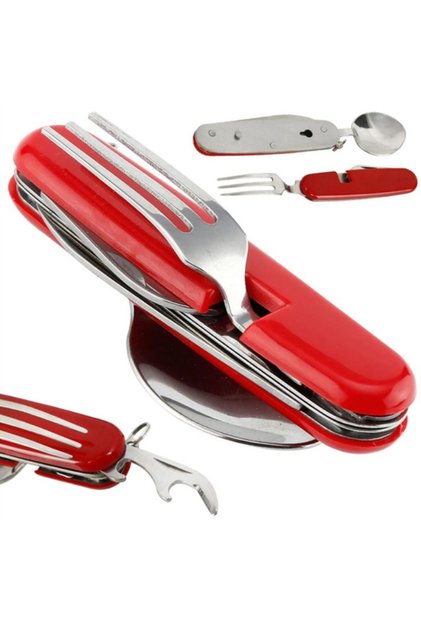 Briceag multifunctional 4 in 1, cutit, furculita, lingura, deschizator sticle