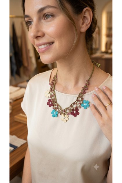 Handmade Burgundy Colored Knitted Floral Necklace with Natural Stones Bohemian Beaded Choker