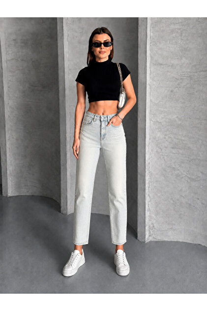 Kadın Yüksek Bel Cropped Kalıp Dar Paça Jean Pantolon - Petite Boy